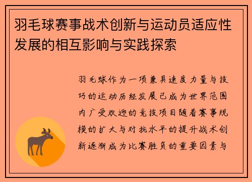 羽毛球赛事战术创新与运动员适应性发展的相互影响与实践探索