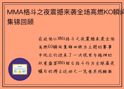 MMA格斗之夜震撼来袭全场高燃KO瞬间集锦回顾